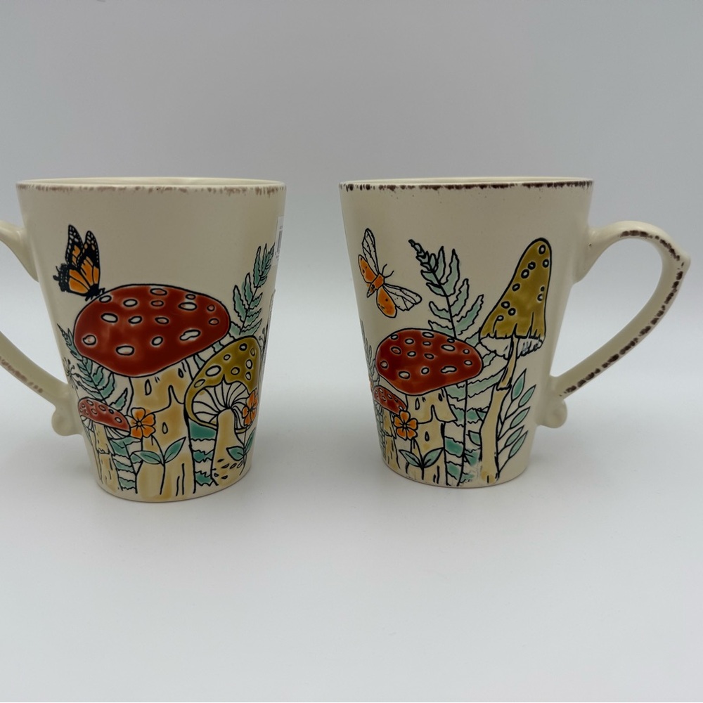 Two Whimsical Mushroom Design Mugs - Cream and Orange